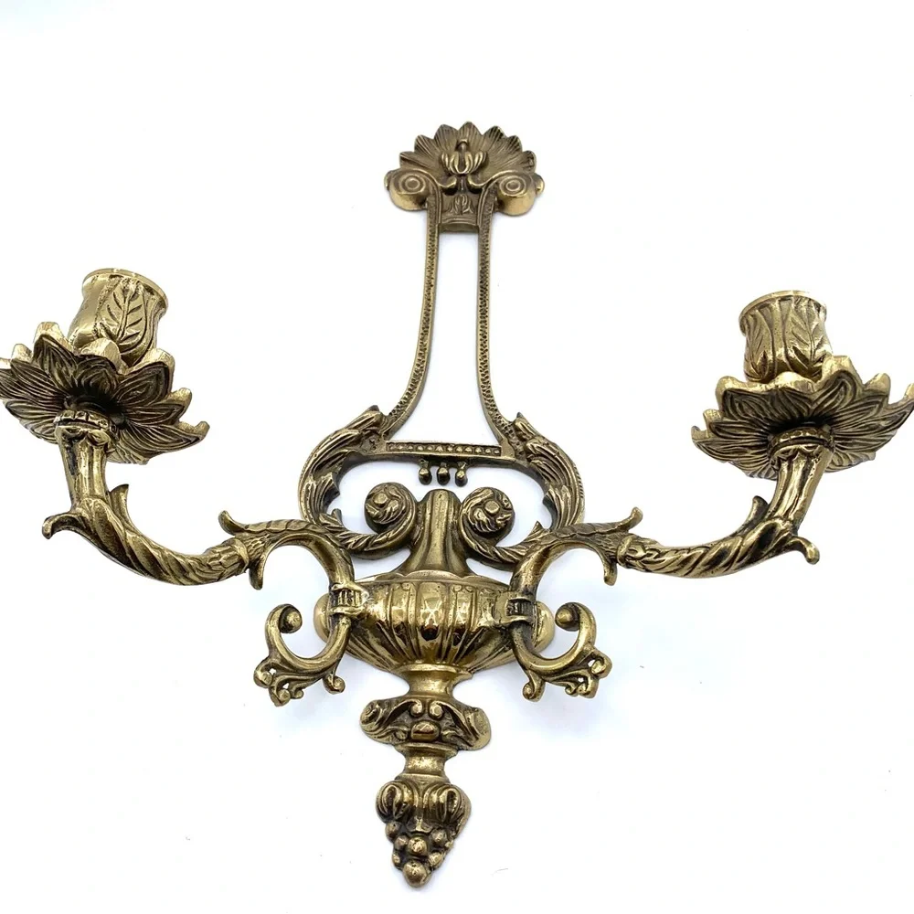 VTG Solid Brass Wall Sconce Double Arm Candle Holder Classic French Deco Style - Picture 3 of 11